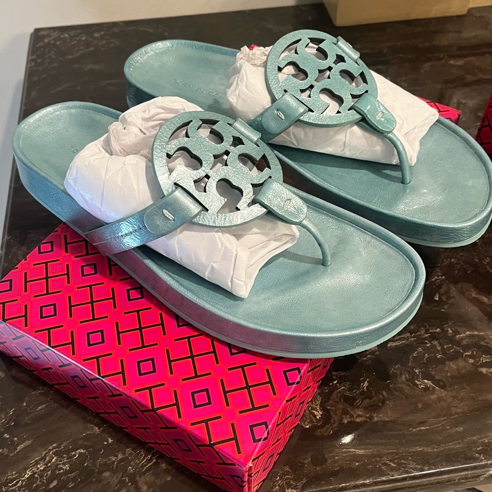 Tory Burch Miller Cloud Sandals metallic blue 10 Audrey Blue $225 - Picture 7 of 8